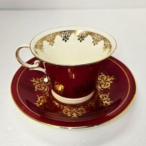 Aynsley England Bone China Teacup & Saucer Maroon Gold Gilt Floral Vintage Set